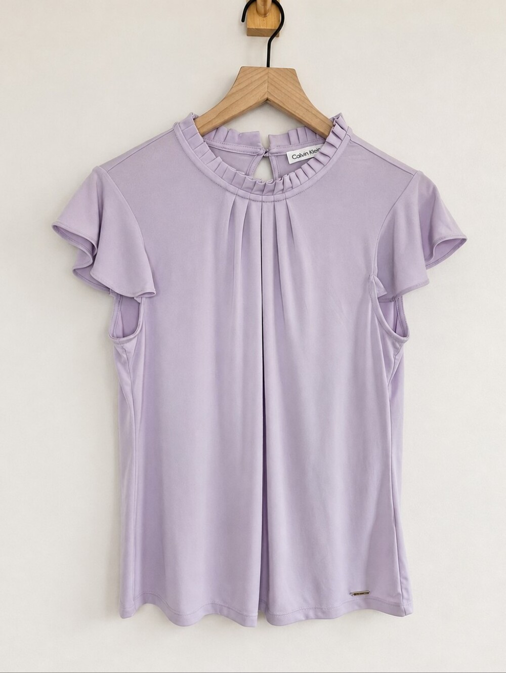 Calvin Klein Lavender Pleated Ruffle Neck Flutter Sleeve Blouse